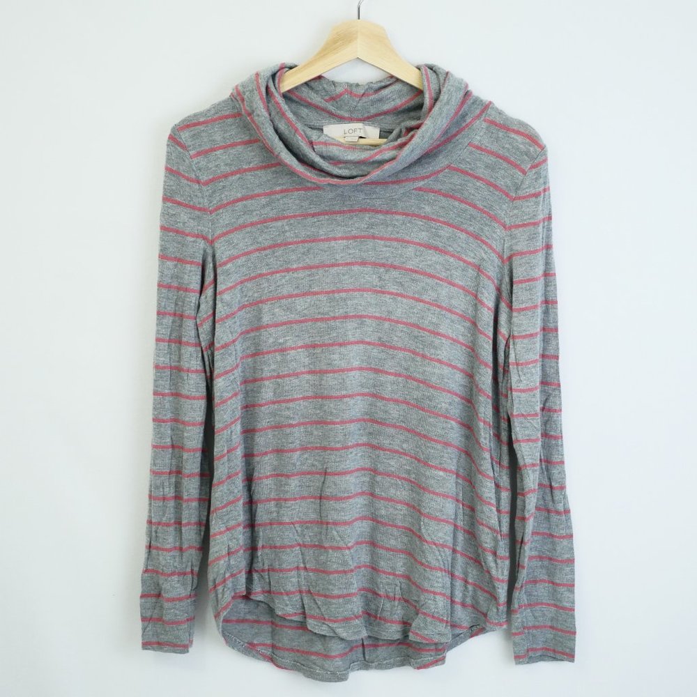 LOFT Cowl Neck Tee T-Shirt Long Sleeve Round Hem, Gray Pink Striped, Women S